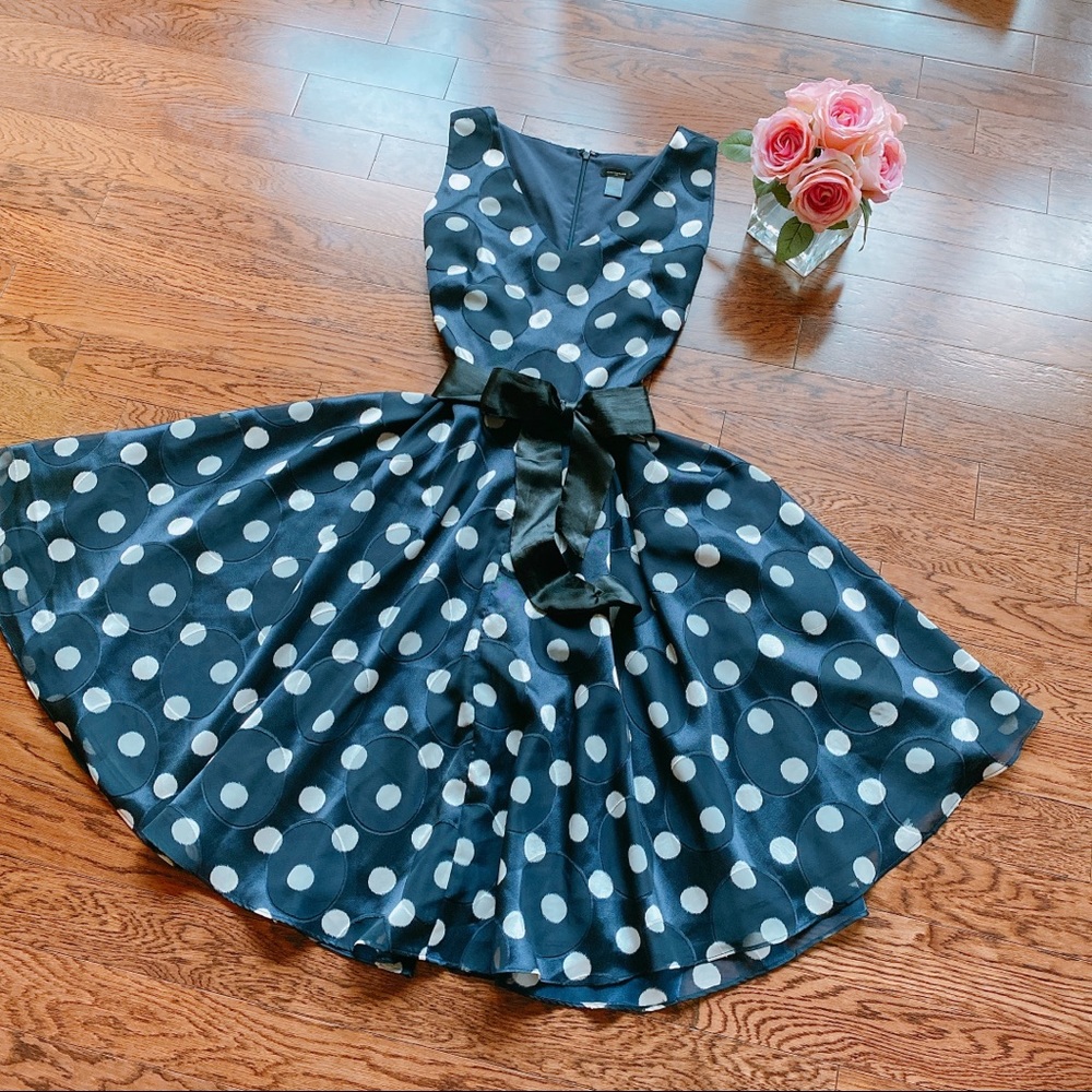 DR03 Ann Taylor Polka Dot Navy Dress